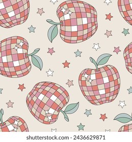 Groovy hand drawn apple in the form of sparkling disco ball prom school graduation bal vector seamless pattern. Line art back to school disco party background.