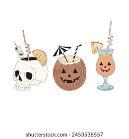 Groovy hand drawn beach bar cocktails for Halloween party in skull coconut hurricane glass vector illustration isolated on white. Groovy line art drawing style October 31st holiday trick or treat