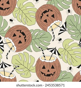 Groovy hand drawn beach bar cocktail for Halloween party in coconut cup with straw and umbrella vector seamless pattern. Retro line art drawing style October 31st holiday trick or treat event