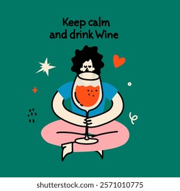 Groovy hand drawn card with wine glass illustrations with funny quotes . Art for greeting cards, wedding invitations, poster design, postcards, branding, logo design, background.