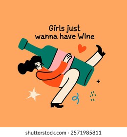 Groovy hand drawn card with wine glass illustrations with funny quotes . Art for greeting cards, wedding invitations, poster design, postcards, branding, logo design, background.