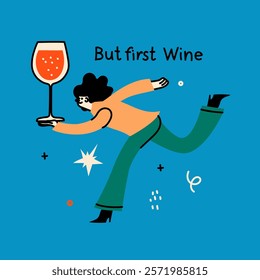 Groovy hand drawn card with wine glass illustrations with funny quotes . Art for greeting cards, wedding invitations, poster design, postcards, branding, logo design, background.