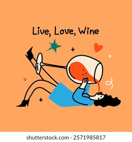 Groovy hand drawn card with wine glass illustrations with funny quotes . Art for greeting cards, wedding invitations, poster design, postcards, branding, logo design, background.