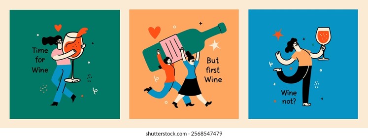 Groovy hand drawn cards with wine bottle and wine glass illustrations with funny quotes . Art for greeting cards, wedding invitations, poster design, postcards, branding, logo design, background.