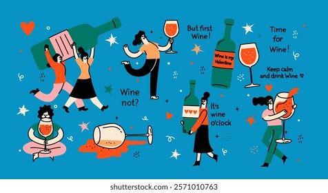 Groovy hand drawn cards with wine bottle and wine glass illustrations with funny quotes . Art for greeting cards, wedding invitations, poster design, postcards, branding, logo design, background.