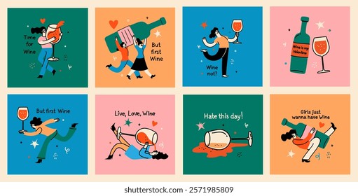 Groovy hand drawn cards with wine bottle and wine glass illustrations with funny quotes . Art for greeting cards, wedding invitations, poster design, postcards, branding, logo design, background.