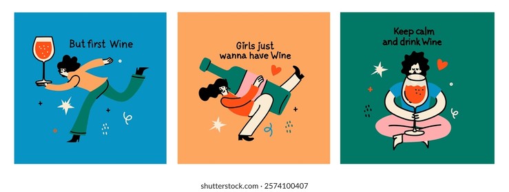 Groovy hand drawn cards with wine bottle and wine glass illustrations with funny quotes . Art for greeting cards, wedding invitations, poster design, postcards, branding, logo design, background.