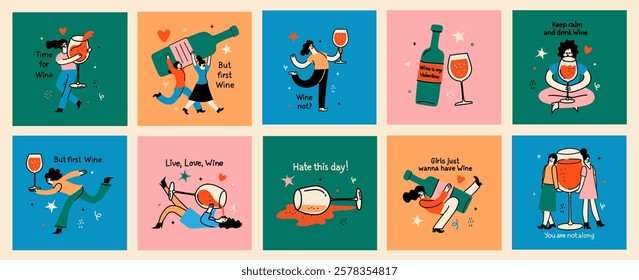 Groovy hand drawn cards with wine bottle and wine glass illustrations with funny quotes . Art for greeting cards, wedding invitations, poster design, postcards, branding, logo design, background.