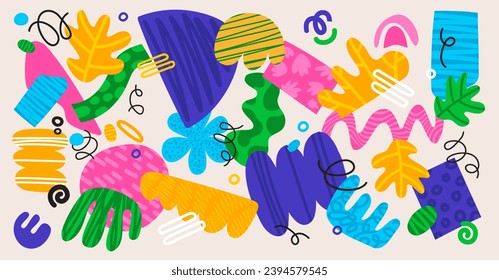 Groovy hand drawn curve modern art collage colorful shapes brutalism aesthetic design background. Naive playful abstract shapes, Vector illustration elements Scandinavian retro 90s cartoon style