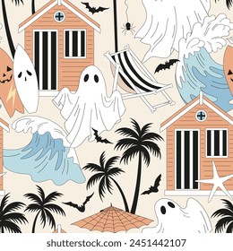 Groovy hand drawn Halloween beach dressing cabin chair surfboard palm trees waves and ghosts in white blanket vector seamless pattern. Retro line art drawing style October 31st holiday trick or treat