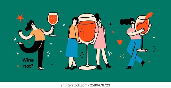 Groovy hand drawn illustration with wine bottle glass and women with funny quotes . Art for greeting cards, wedding invitations, poster design, postcards, branding, logo design, background.