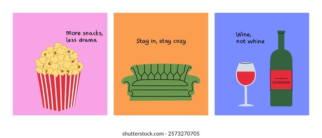 Groovy hand-drawn greeting cards showcasing a comfy couch, popcorn, and wine with humorous quotes. Perfect for posters, gifts, and social media.