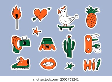 Groovy hand-drawn stickers set. Funny heart, duck, pineapple, dog, match, cactus, hand, camera, knife, sneaker, lips in trendy cartoon style.