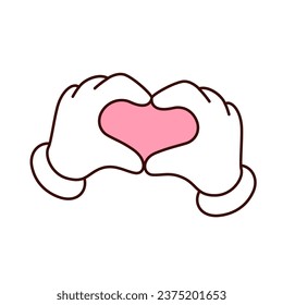 Groovy hands in heart gesture vector illustration. Cartoon isolated retro happy love emoji for Valentines Day, two arms of character making heart with fingers, funny romantic emoticon for chat