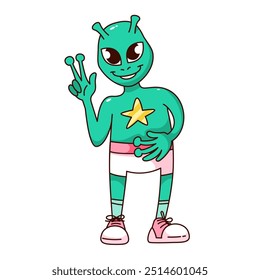 Groovy happy alien cartoon character showing V fingers. Funny retro green monster with hippie peace gesture. Space, hippy vibe mascot, cartoon cheerful alien sticker of 70s 80s vector illustration