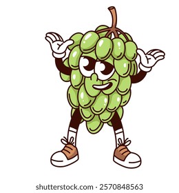 Groovy happy bunch of green grapes cartoon character with hands up. Funny retro joyful cluster of grapes. Fruit, welcome mascot, cartoon excited berry sticker of 70s 80s style vector illustration