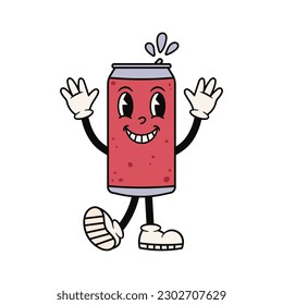 Groovy feliz cola puede ser personaje. Una linda mascota retro de soda. Dibujo vectorial aislado de dibujos animados.