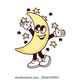 Groovy happy crescent moon cartoon character with stars. Funny retro yellow moon cheers with open hands, starry clear sky and weather mascot, cartoon sticker of 70s 80s style vector illustration