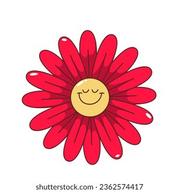 Groovy happy daisy emoji vector illustration. Cartoon isolated retro sticker of psychedelic flower character with funny smile on yellow face and red petals, emoji of joy and positive hippie vibe