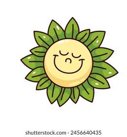 Groovy happy daisy flower cartoon character with smile on yellow face. Funny retro flower with green petals, nature mascot, cartoon chamomile blossom sticker of 70s 80s style vector illustration