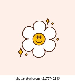 Groovy happy daisy flower. Colorful vector illustration in vintage style. Retro 70s 60s design element or icon