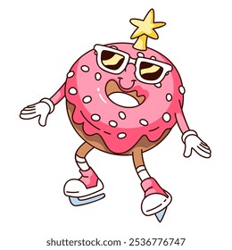 Groovy happy donut cartoon character skates. Funny retro doughnut with pink glaze, hippie sunglasses and star skating. Christmas fast food mascot, cartoon donut sticker of 70s 80s vector illustration