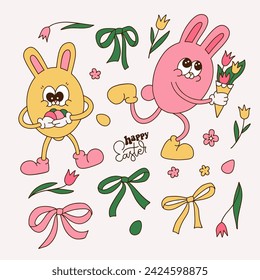 Groovy Happy Easter bunny characters set. Easter rabbits with eggs, bows, tulips, eggs. Collection of retro cartoon mascots and elements in trendy retro 60s 70s style. Contour hand drawn vector