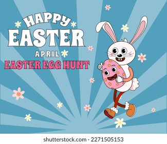 Groovy Happy Oaster Cartoon Banner Retro. Sonniges Hase mit Ei, Ostereierjagd