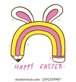 Groovy Happy Easter Pencil Rainbow with Bunny Ears, Easter School Hand Drawn