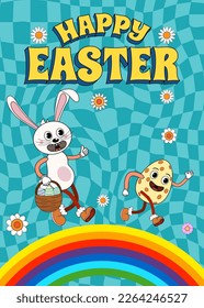 Groovy Happy Easter Poster Vintage. Funny bunny with egg, rainbow, Easter egg hunt