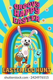 Groovy Happy Easter Poster Vintage. Funny bunny with egg, rainbow, Easter egg hunt