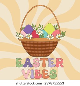 Groovy Happy Easter retro poster. Funny bunny with egg, Easter egg hunt. Cute siting mascot with banny ears holding littl chicken. Spring holiday concept in trendy retro 60s 70s cartoon style.