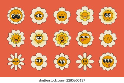 Groovy daisy flowers with happy faces, funny retro cartoon flower character. Cute hippie daisies mascot characters smiling and laughing, flowers with different emotions vector set