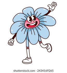 Groovy glückliche Blume Cartoon Charakter winkende Hand. Lustige Retro-Gänseblümchen mit blauen Blütenblättern und roten Gesichtsgruß, Gartenblumen-Maskottchen, Cartoon-Blumenaufkleber des 70er 80er Jahre Stil Vektor-Illustration