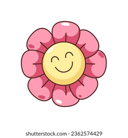 Groovy happy flower character vector illustration. Cartoon isolated retro floral psychedelic sticker with daisy, summer flower emoji with cute smile on yellow face and red petals, hippy patch