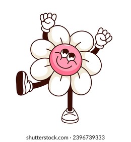 Groovy happy flower character vector illustration. Cartoon isolated retro flower sticker of walking cheerful daisy with smile on red face, fun dance of funny chamomile emoji with arms and legs