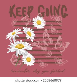 Groovy happy flower character vector illustration. cartoon retro flower cheerful daisy with keep growing slogan graphic design for t shirt, streetwear and urban