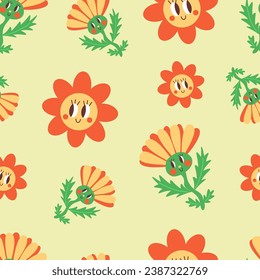 Groovy happy flower pattern. Groovy seamless print. Vector illustration.