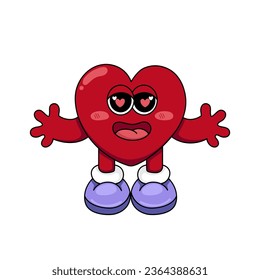 Groovy happy heart character in trendy retro y2k style. Hippie heart in love, valentine's day  concept illustration, sticker, clipart, design element for poster, card. Vector