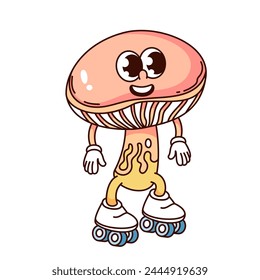 Groovy happy mushroom cartoon character roller skating. Funny retro toadstool skater with round pink cap and skates, mushroom fun ride mascot, cartoon sticker of 70s 80s style vector illustration