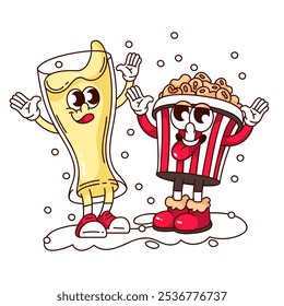 Groovy happy popcorn box and beer glass cartoon characters with Christmas snow. Funny funky friends with tongues hanging out. Christmas mascot, cartoon sticker of 70s 80s style vector illustration