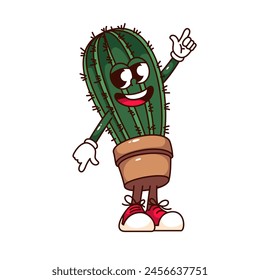 Groovy happy potted cactus cartoon character with dance pose. Funny retro cacti plant dancing, home and office garden mascot, cartoon cactus in round pot sticker of 70s 80s style vector illustration