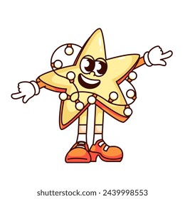 Groovy happy star cartoon character with light bulb garland. Funny retro yellow star laughing at fun party, comic space and galaxy mascot, cartoon sticker of 70s 80s style vector illustration