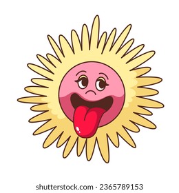 Groovy happy sun sticker vector illustration. Cartoon isolated funky psychedelic daisy character with funny trippy face and sunshine showing red tongue, groovy flower as symbol of hippie and summer