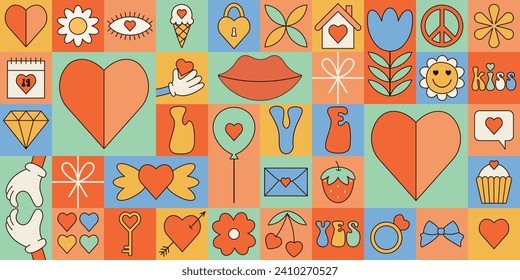 Groovy happy Valentine's day geometric seamless pattern. Simple love shapes and icons in flat minimalist 70s style. Bauhaus modern retro vector ornament for print, banner, card, fabric, cover