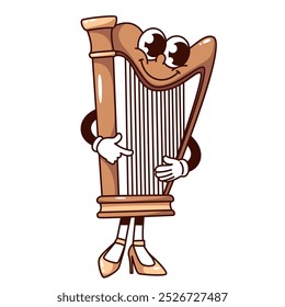 Groovy harp cartoon character pointing on string. Funny retro musical instrument with happy smile. Classical music mascot, cartoon harp in elegant shoes sticker of 70s 80s style vector illustration