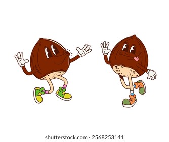 Groovy hazelnut nut characters. Cartoon vector pair of lively retro personages dance, exhibit joyful expressions and retro shoes, enhancing the playful and cheerful hippie y2k vibe and funky energy