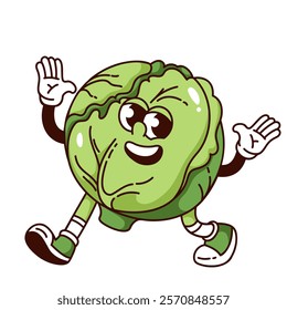 Groovy head of cabbage cartoon character walking with hands up. Funny retro excited green leaf vegetable waving to greet. Food mascot, cartoon cabbage sticker of 70s 80s style vector illustration