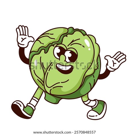 Groovy head of cabbage cartoon character walking with hands up. Funny retro excited green leaf vegetable waving to greet. Food mascot, cartoon cabbage sticker of 70s 80s style vector illustration