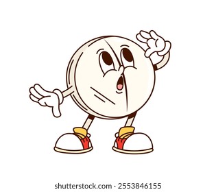 Groovy headache pill character exuding surprise and curiosity. Isolated cartoon vector round medical tablet, healthcare medicine personage conveying playful vintage y2k vibe of health and treatment